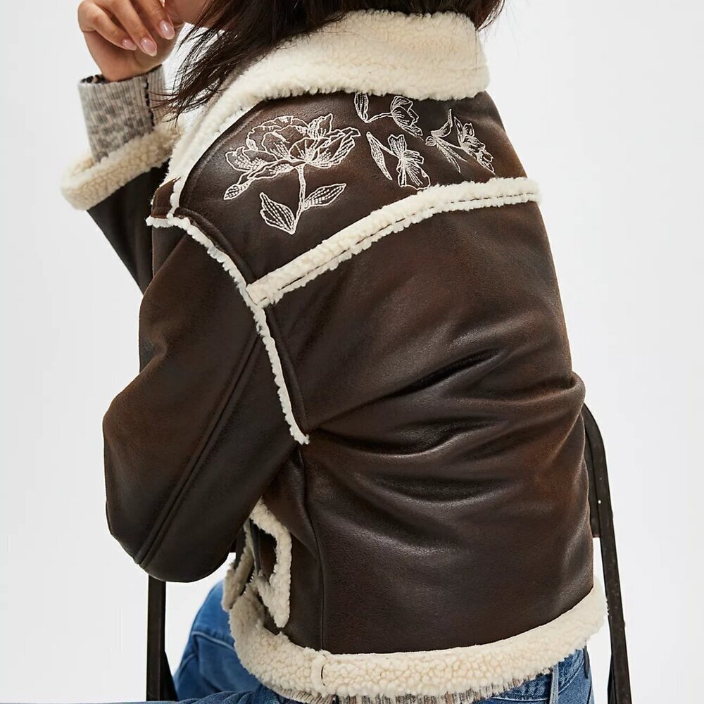 NWT $218 DRIFTWOOD Silas Faux Leather Shearling Floral Embroidery Jacket Boho XS - Picture 4 of 4